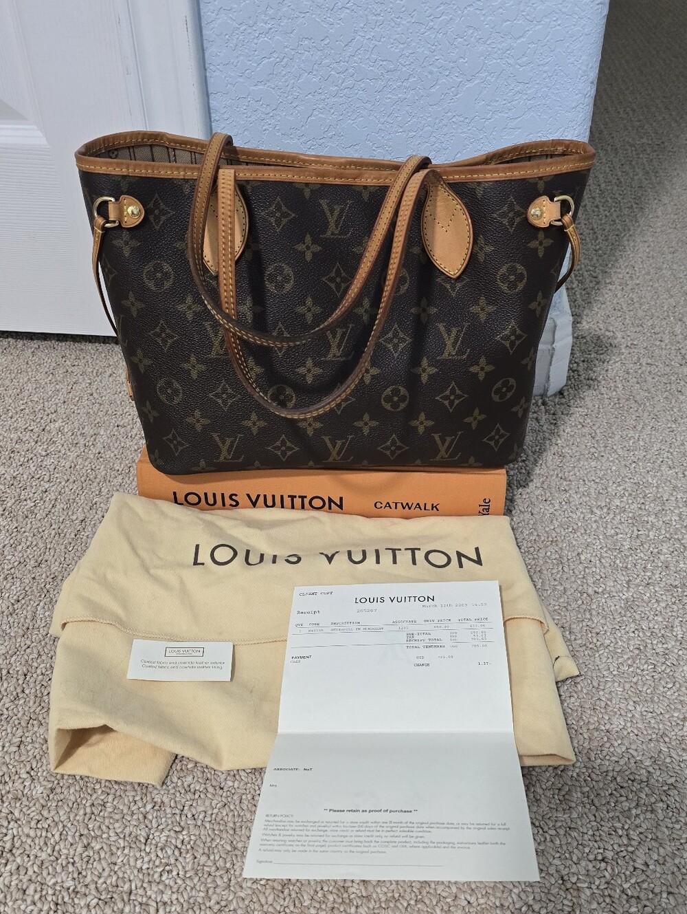 Authentic Louis Vuitton Monogram Canvas Neverfull Pm With Original Purchase Rece